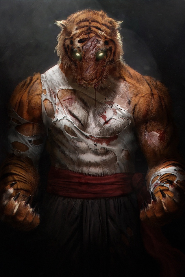 Фантастический тигр воин на сером фоне