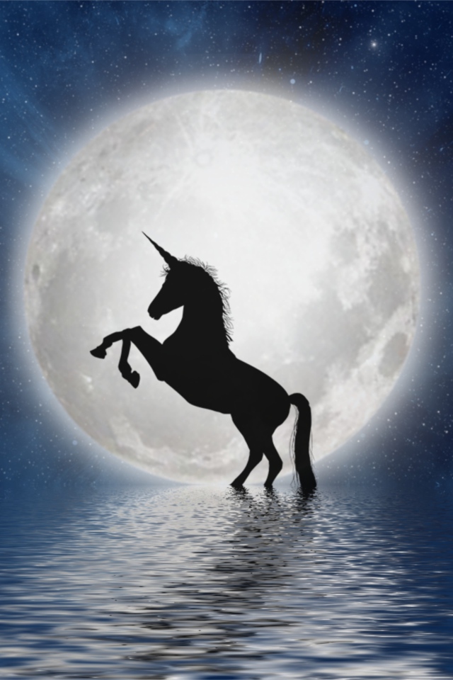 Fantastic unicorn in the water against the backdrop of a large white moon.