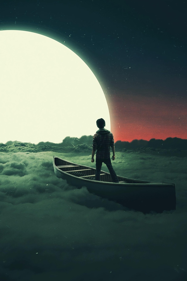 Мальчик плывет на лодке по облакам к луне