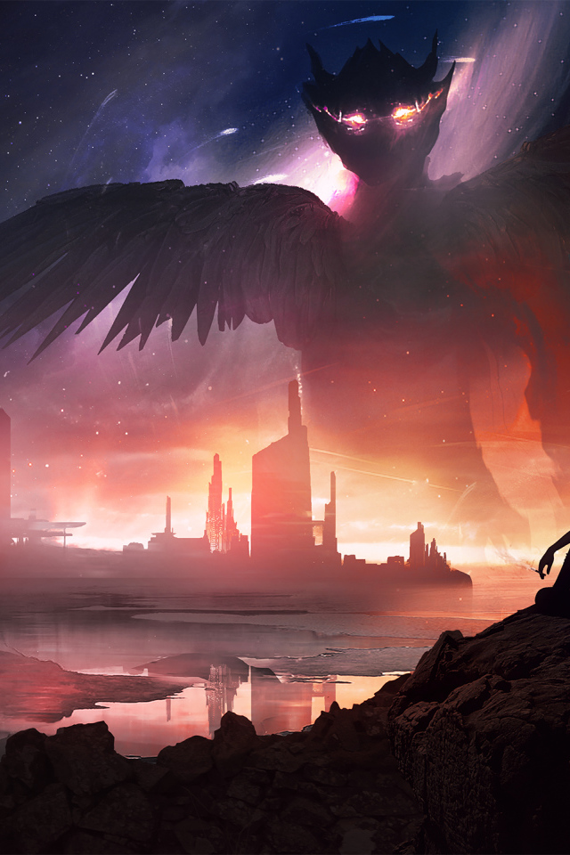 Девушка на камне на фоне фантастического дракона в небе 