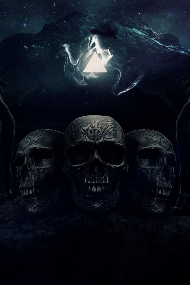 Три черепа на фоне гор с лошадьми, фэнтези