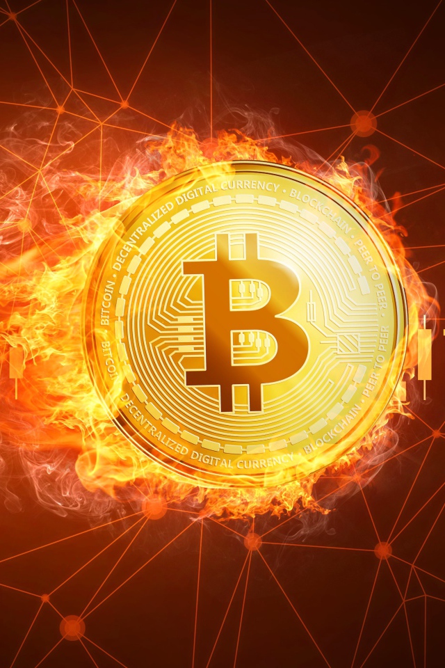 Монета Биткоин в огне на фоне сети 