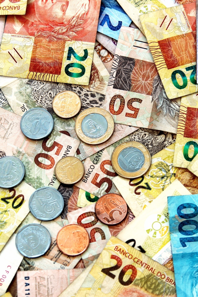Много валюты  Бразильский реал крупным планом