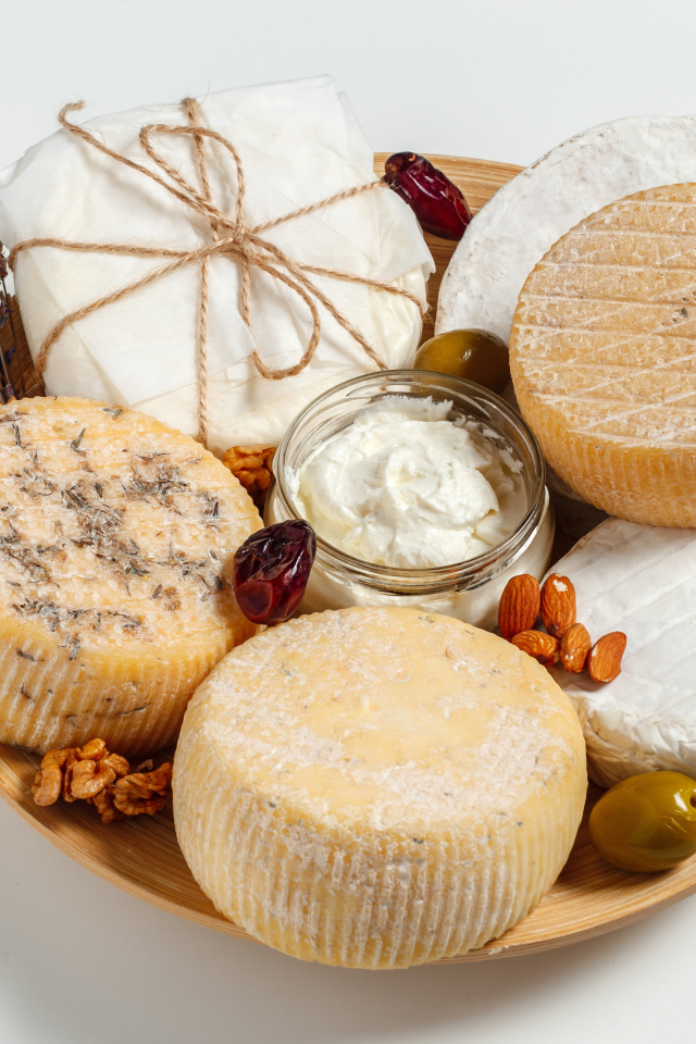 Разные виды сыра на тарелке с орехами на сером фоне