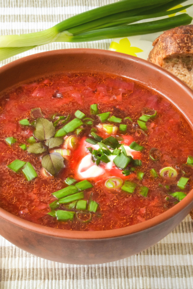 Красный борщ с луком на столе с хлебом 