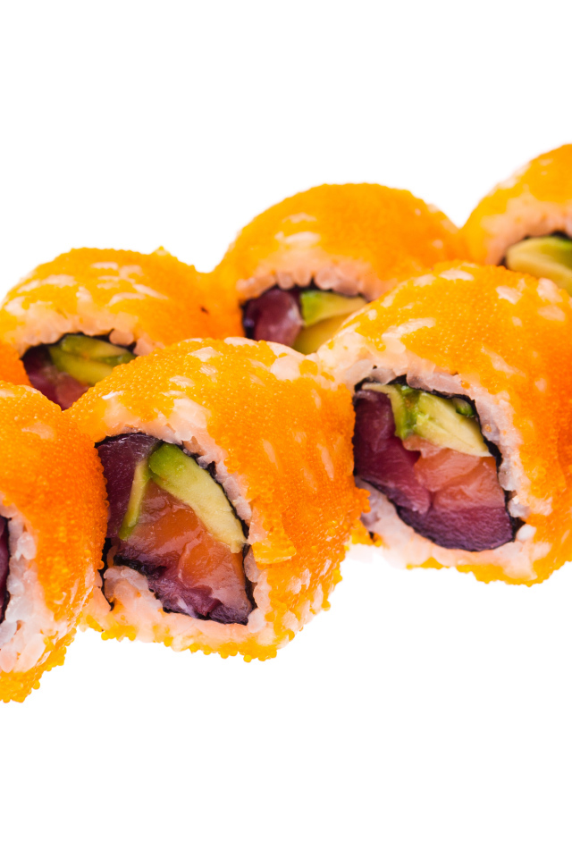 Роллы с красной икрой на белом фоне 