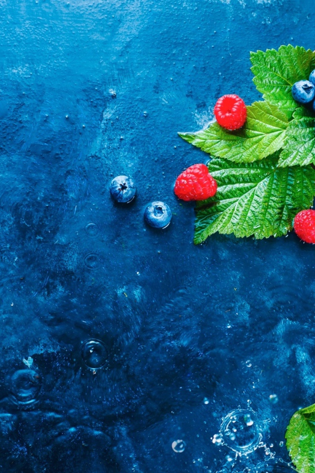 Чашка с ягодами черники и малины на синем столе