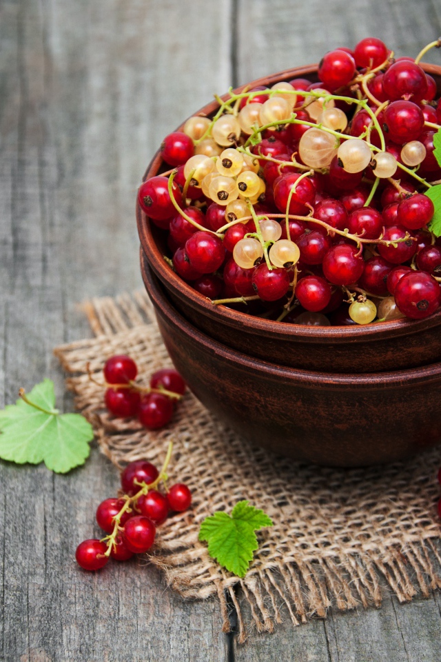 Красная и желтая смородина в миске на столе