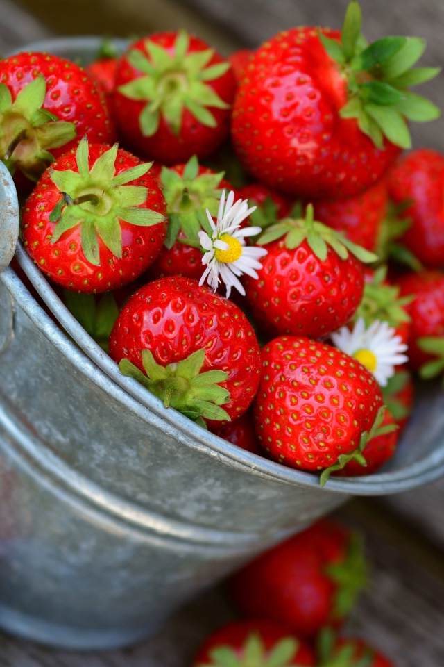 Спелая красная клубника в маленьком ведре на столе 