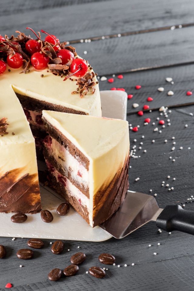 Аппетитный праздничный торт с шоколадом и ягодами вишни 