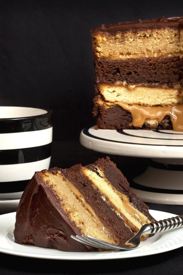 Бисквитный торт на столе с чашкой 