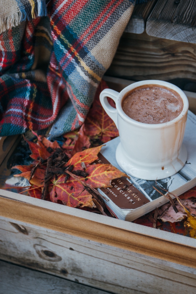 Чашка кофе стоит на книге на ступеньках с пледом