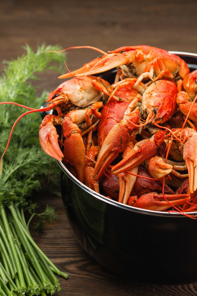 Вареные раки в кастрюле на столе с укропом
