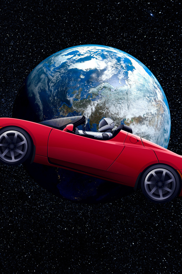 Красный автомобиль Tesla Roadster пролетает в космосе над землей