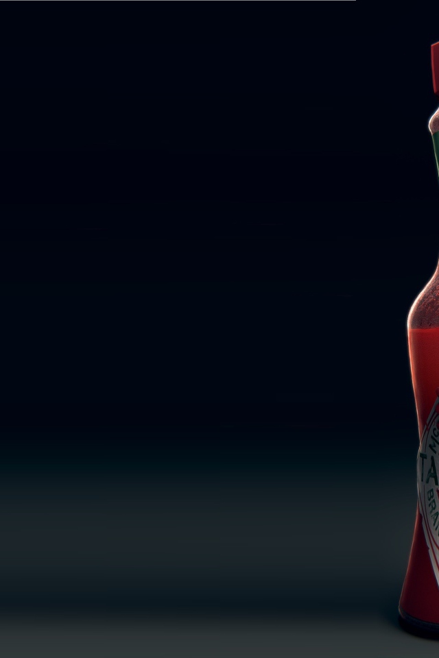 Red hot pepper hugs a bottle on gray background