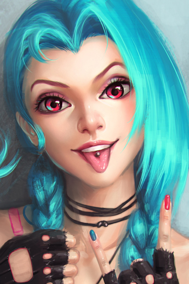 Девушка с голубыми волосами Джинкс персонаж игры Лига легенд