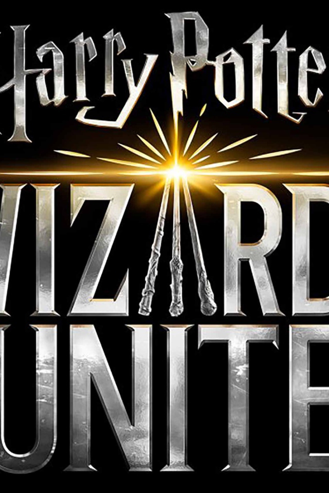 Логотип новой видеоигры Harry Potter: Wizards Unite, 2019 года на черном фоне