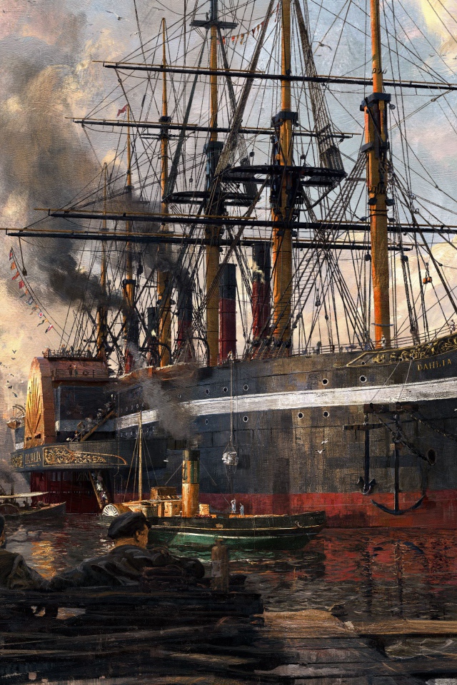 Корабль в порту кадр компьютерной игры Anno 1800, 2019 года