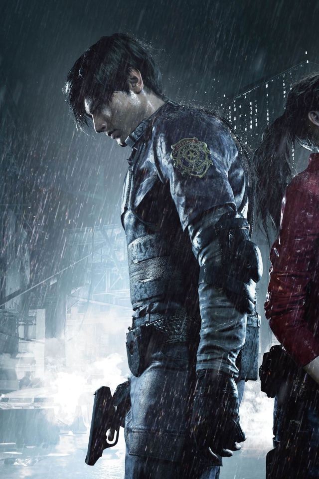 Персонажи компьютерной игры Resident Evil 2, 2019 года под дождем