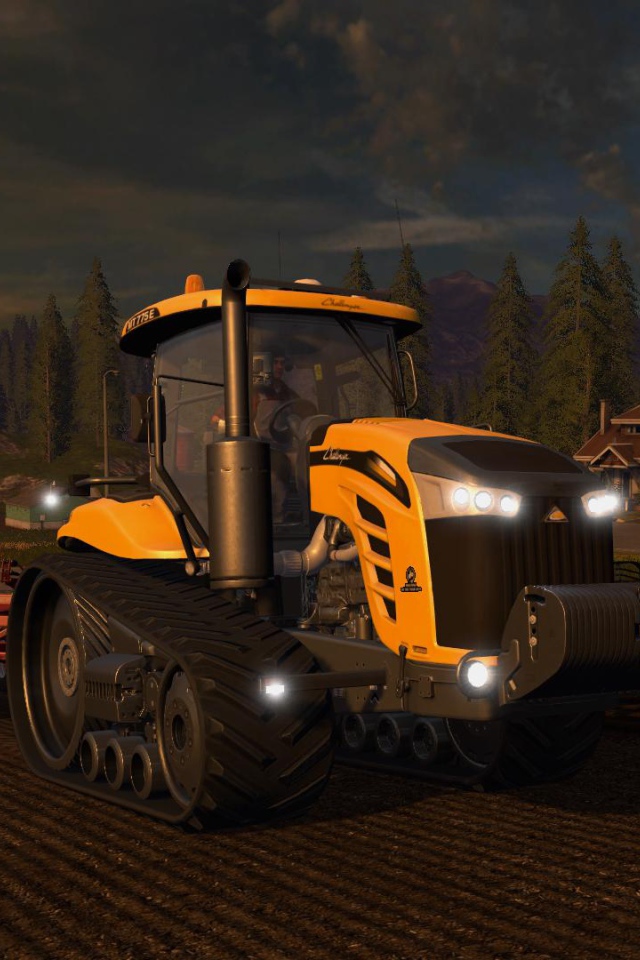 Желтый трактор пашет поле вечером видео игра Farming Simulator 
