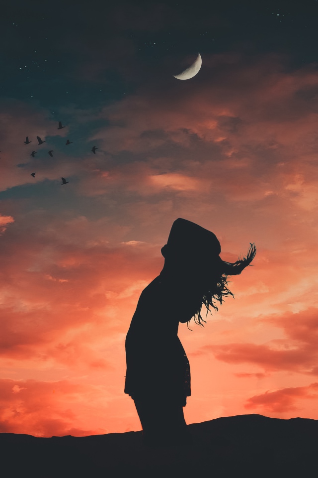 Силуэт  девушки на фоне неба 