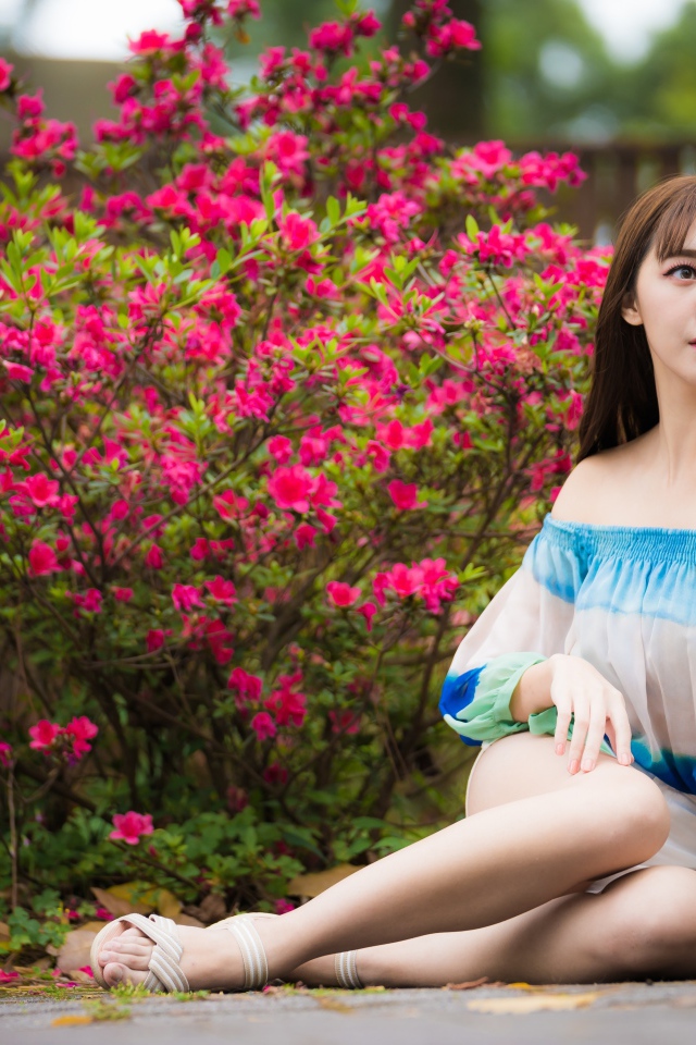 Молодая девушка азиатка сидит у куста с розовыми цветами