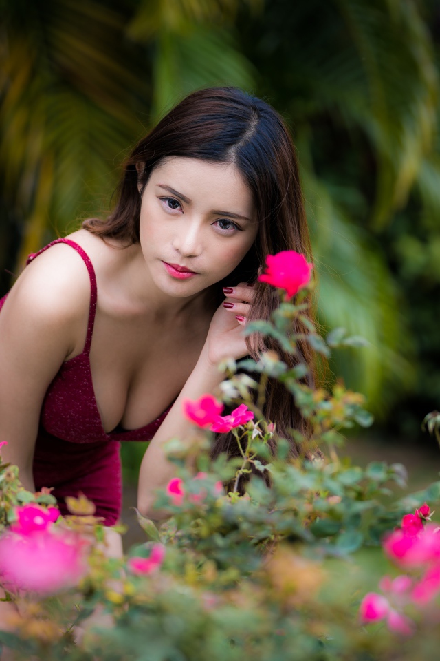 Девушка азиатка в красивом красном платье у куста роз