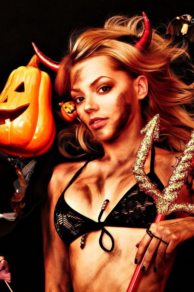 Девушка с украшениями на праздник Хэллоуин на черном фоне