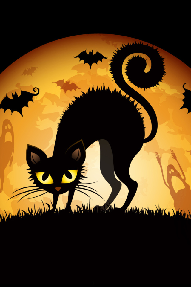 Черный кот на фоне большой желтой луны на Хэллоуин