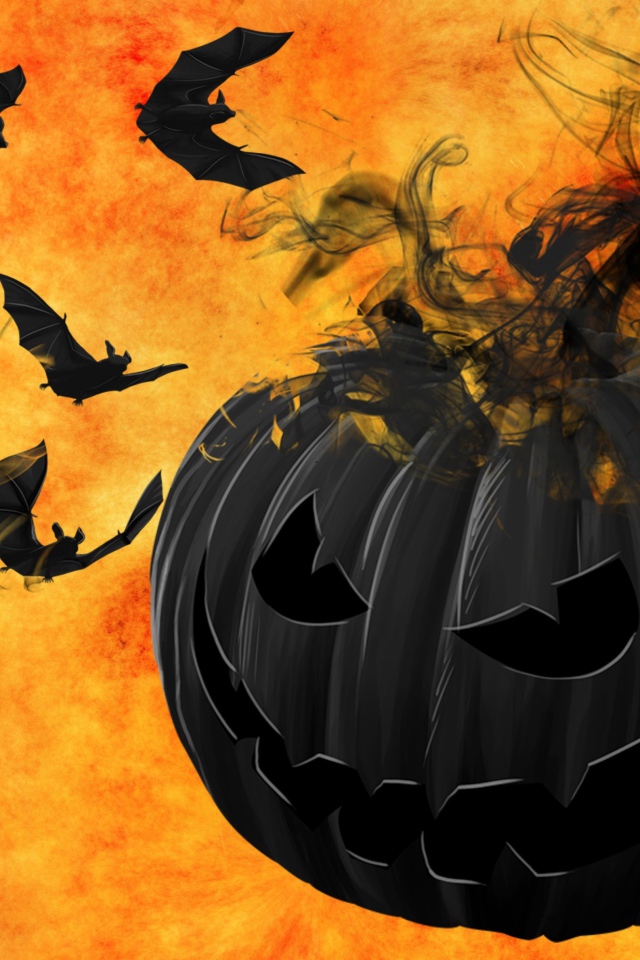 Черная тыква с летучими мышами на оранжевом фоне к Хэллоуину