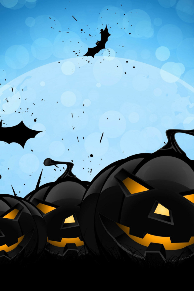 Черные тыквы на голубом фоне с луной