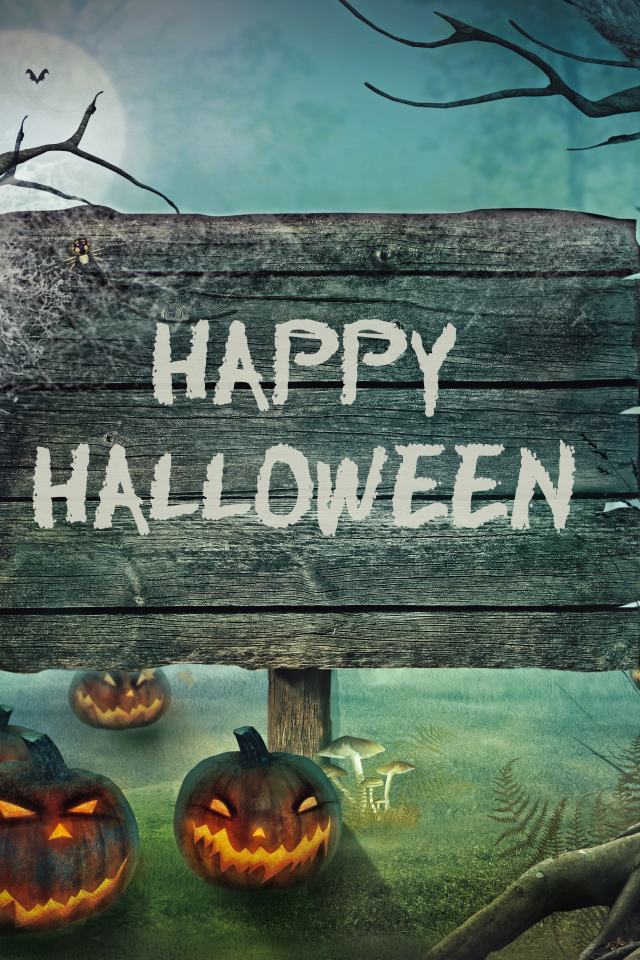 Табличка счастливого Хэллоуина в лесу 