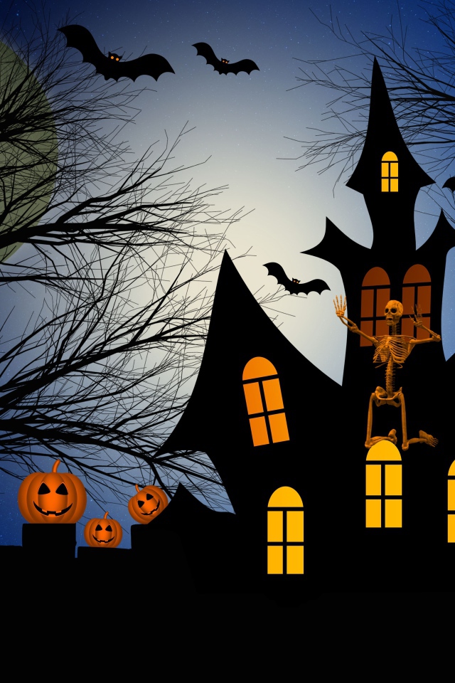 Зловещий замок со скелетом, тыквами и летучими мышами на фоне большой луны 