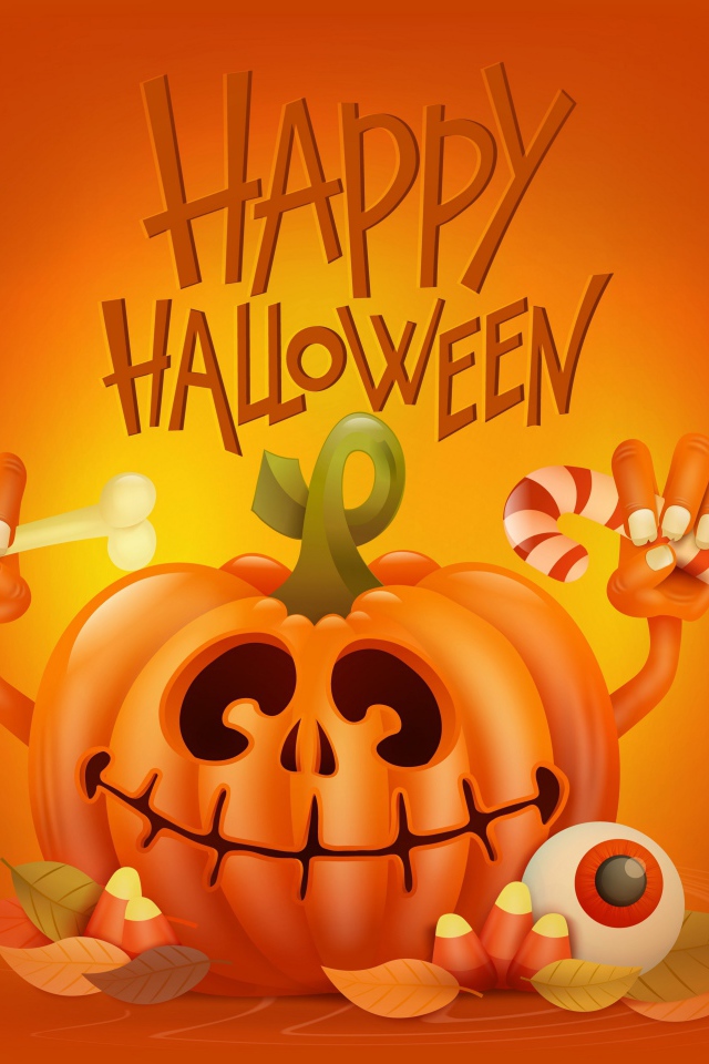 Тыква на оранжевом фоне с надписью Счастливого Хэллоуина