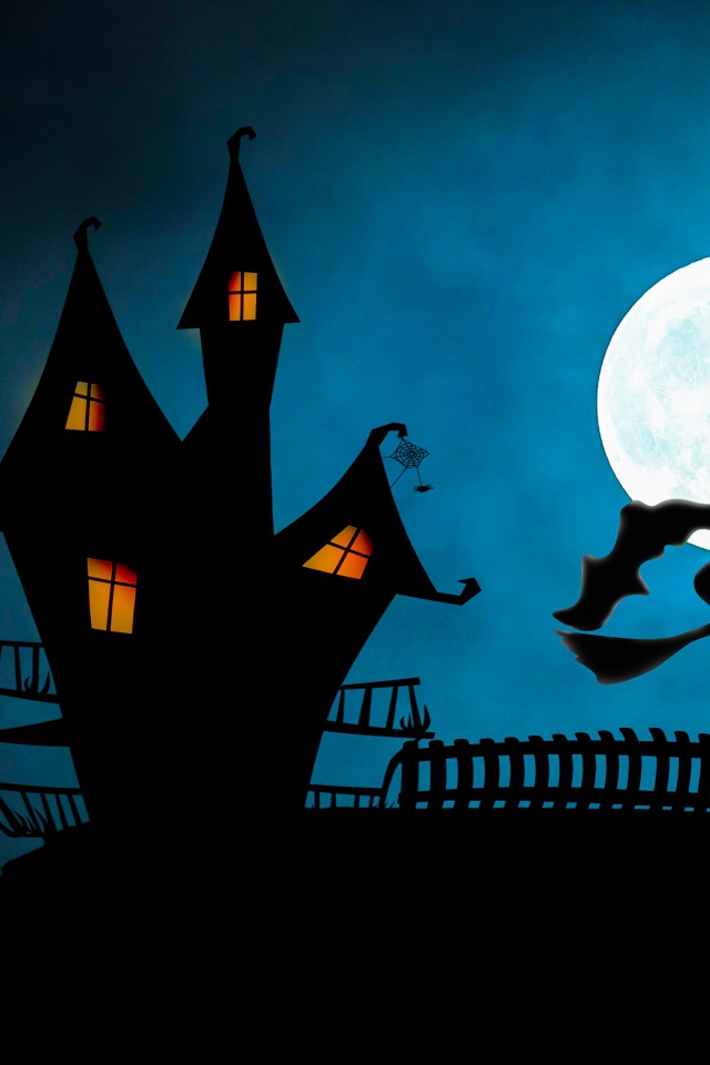 Ведьма на метле у черного замка на фоне луны 