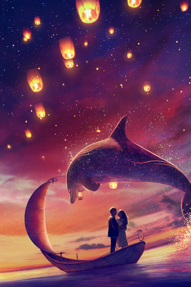 Влюбленная пара на лодке в воде с дельфинами