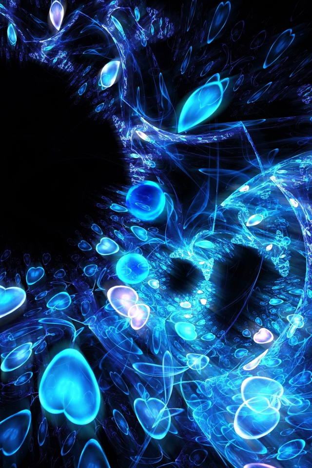 Узор из неоновых сердец на черном фоне, абстракция