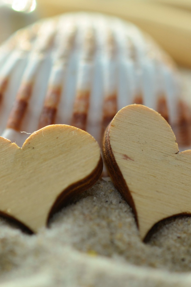 Два деревянных сердца и ракушки лежат на песке