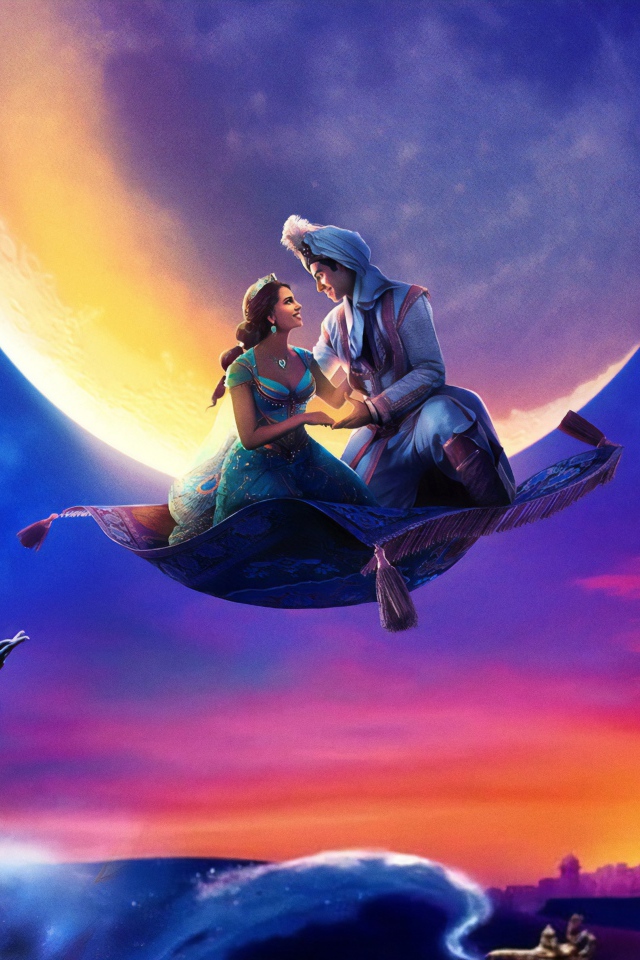 Алладин и Жасмин на ковре самолете на фоне луны 