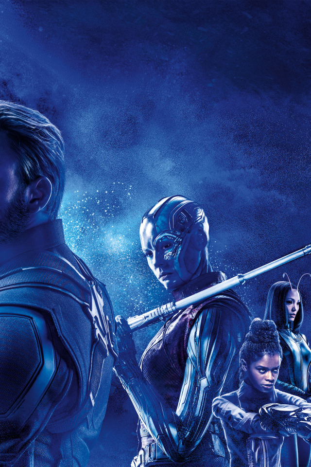 Персонажи фильма Мстители: Финал на фоне голубой галактики 