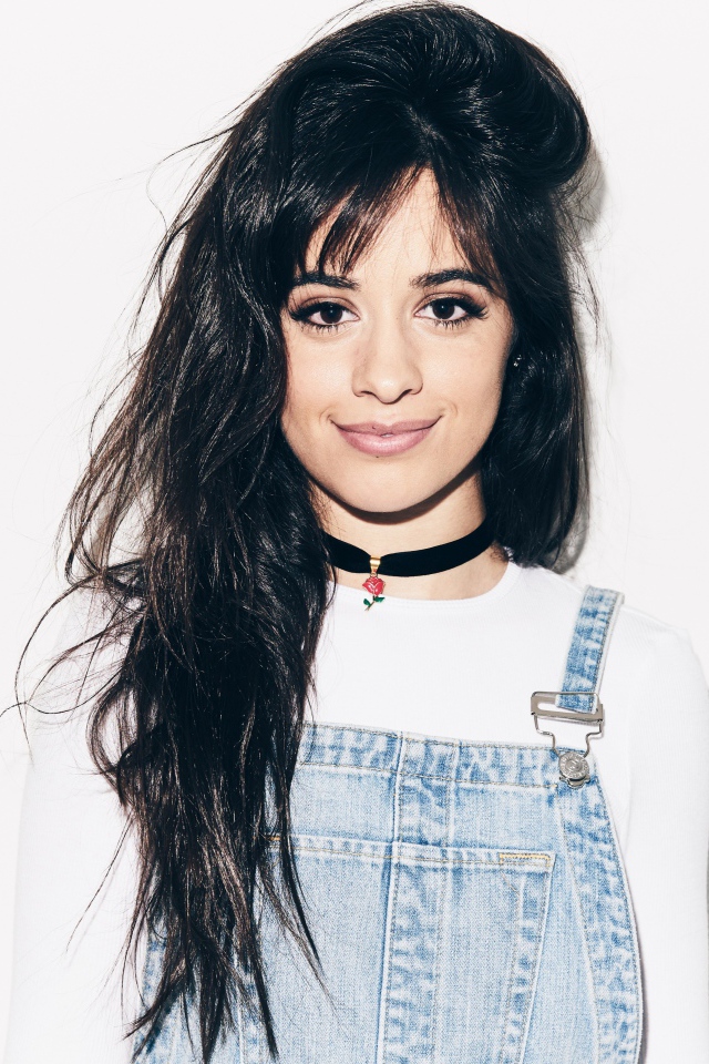 Красивая длинноволосая брюнетка, певица  Камила Кабельо на сером фоне