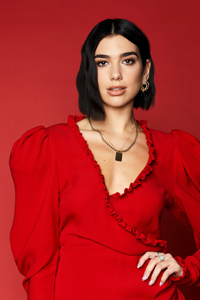 Стильная певица Дуа Липа в красном платье 