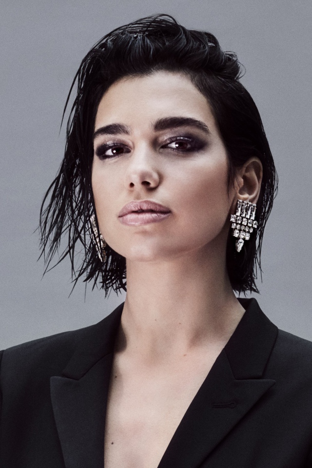 Стильная певица Дуа Липа на сером фоне