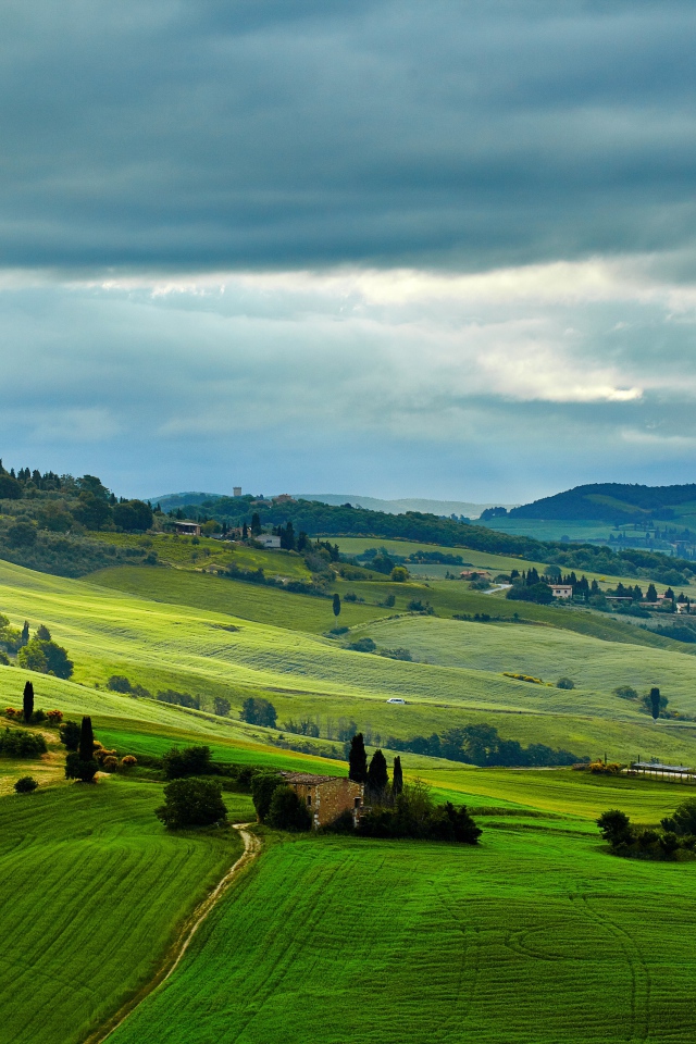 Зеленые поля под небом с грозовыми облаками