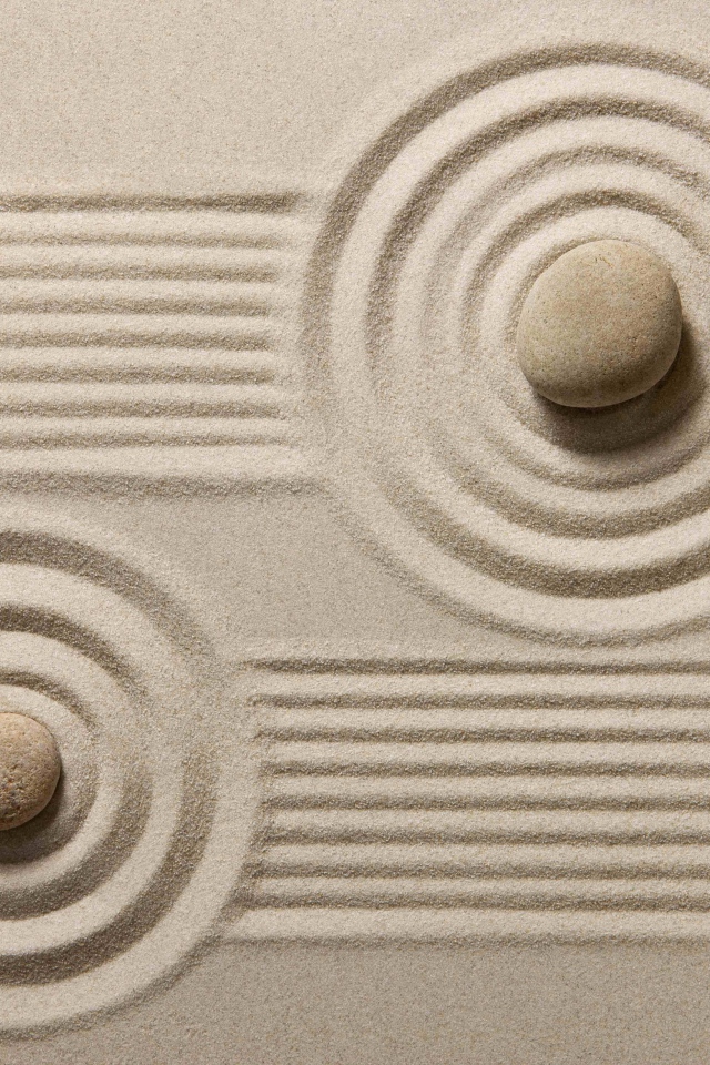 Японский сад камней на белом песке
