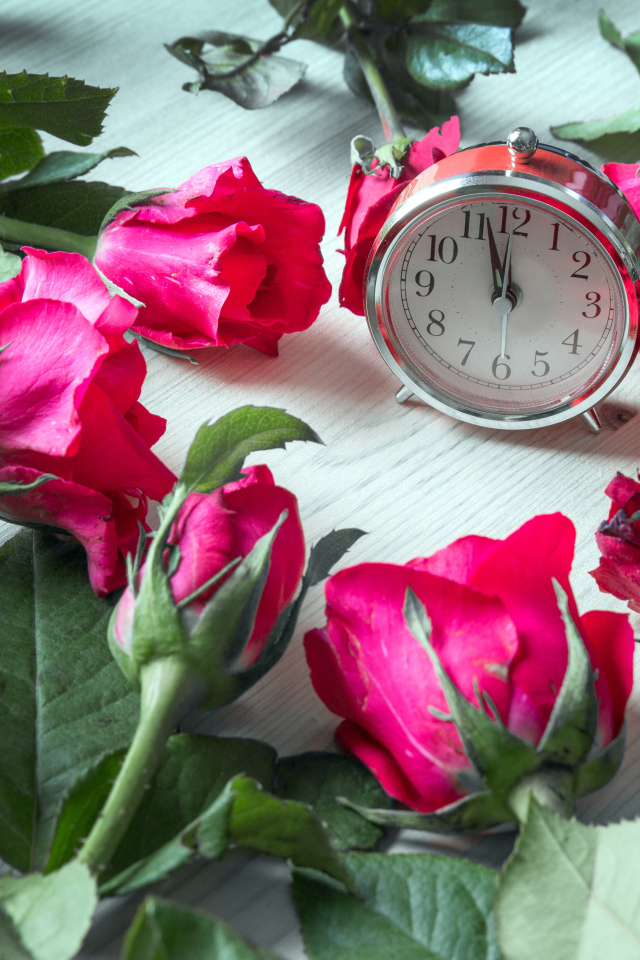 Будильник и красные розы на столе 