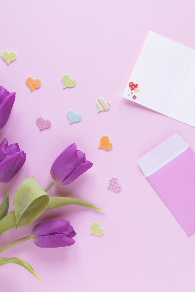 Букет фиолетовых тюльпанов на розовом фоне шаблон для открытки