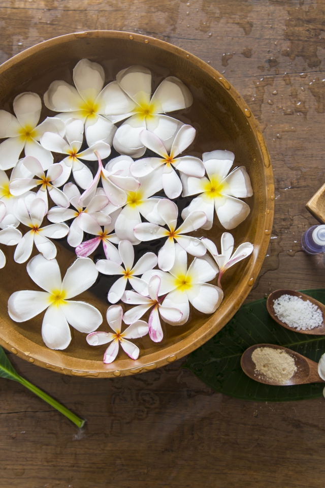 Цветы плюмерии в чаше с водой для SPA процедур 