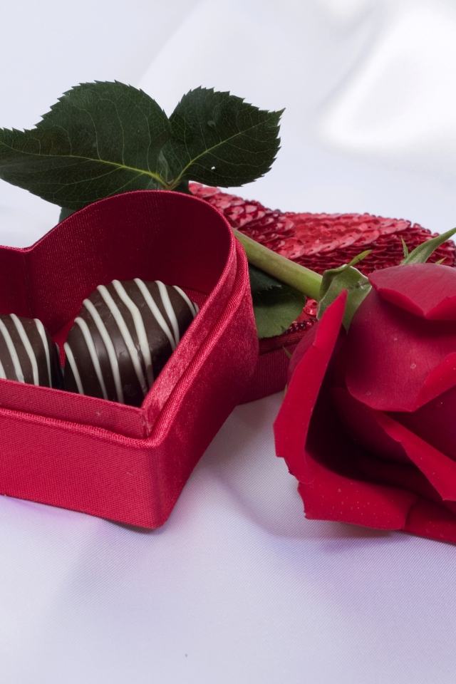 Красная роза с коробкой с шоколадными конфетами в форме сердца