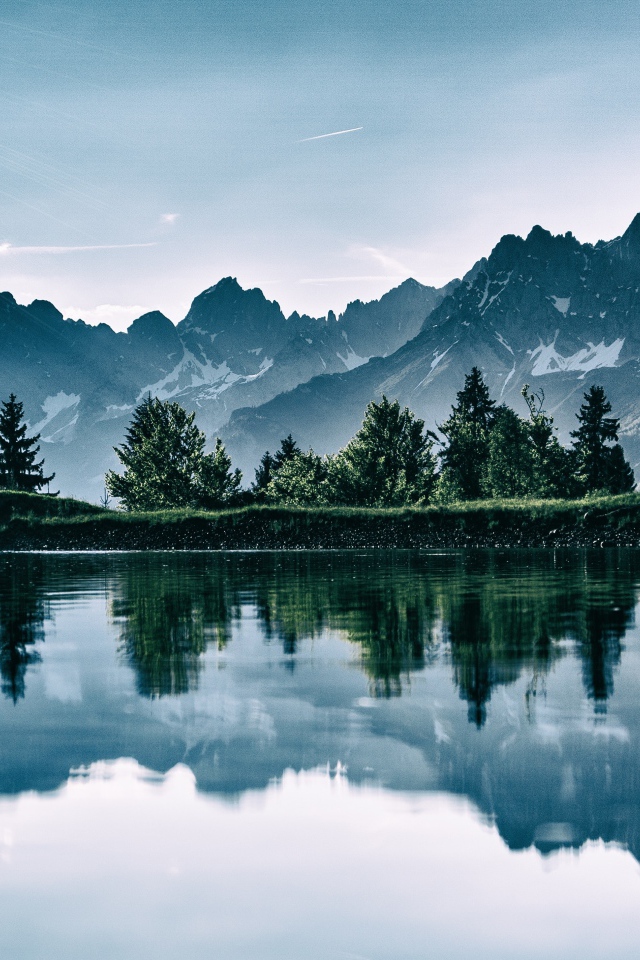 Горы и зеленый лес отражаются в воде